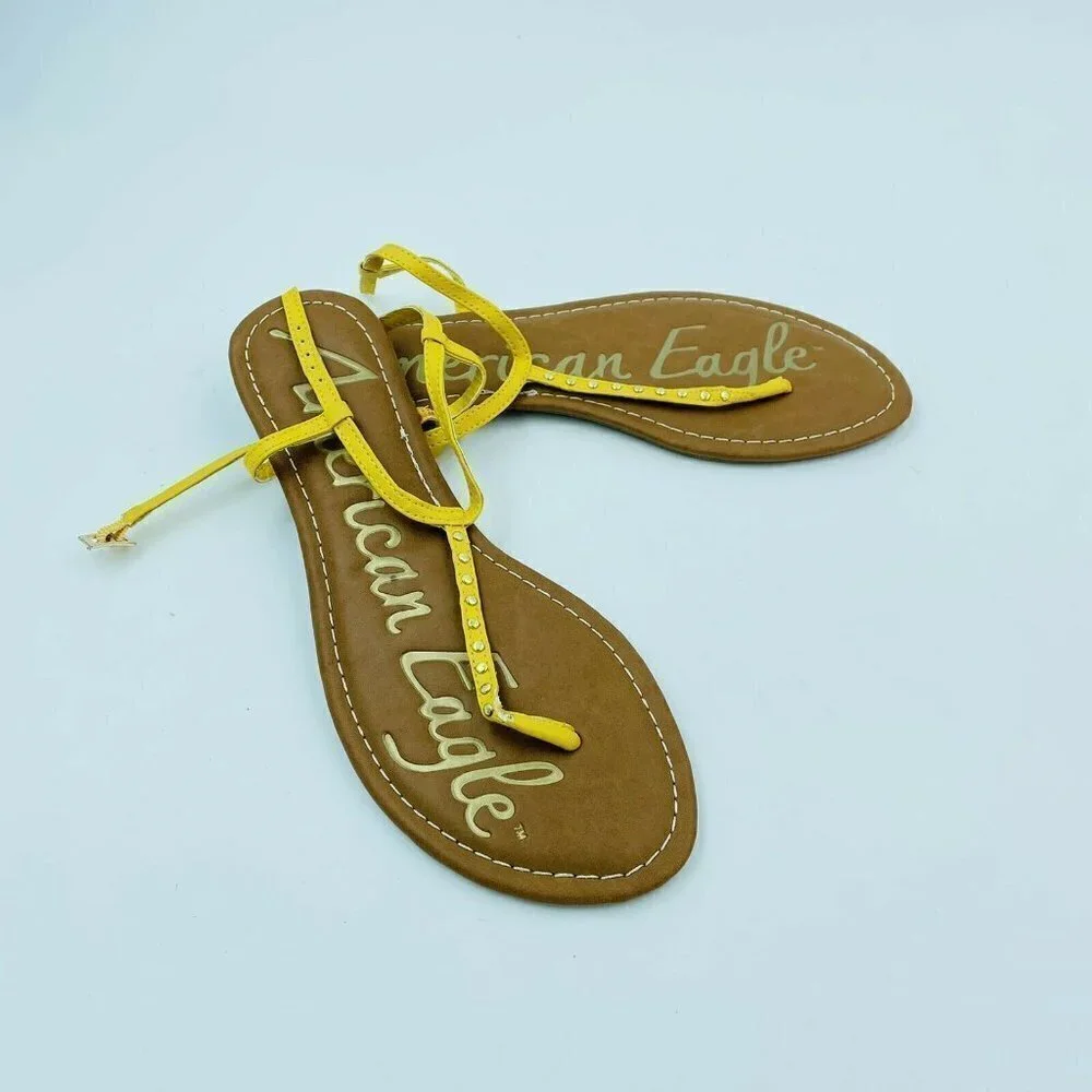 American Eagle Yellow Faux Leather Studded Ankle Strap Thong Sandals Size 9